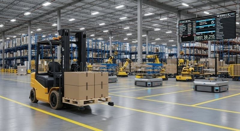 Entrepôt industriel avec chariot élévateur et robots mobiles